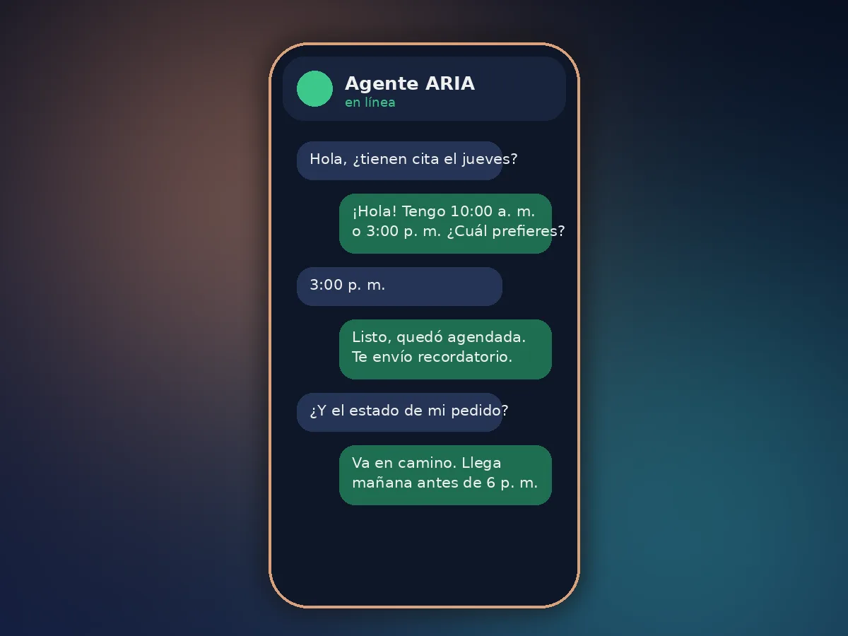 Maqueta de una conversación de WhatsApp atendida por un agente de IA que agenda una cita